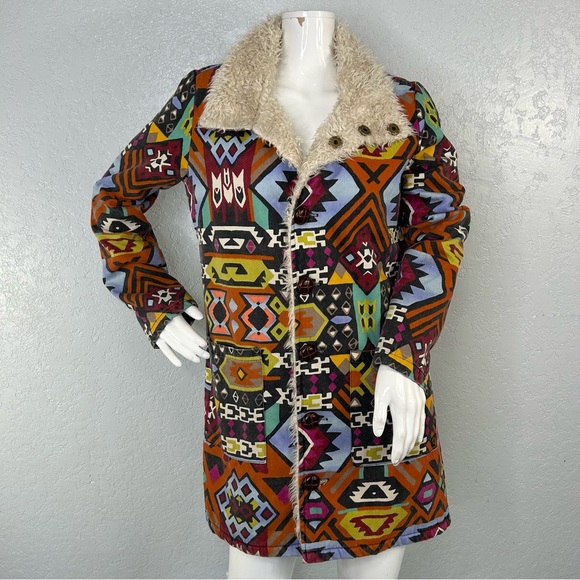 Billabong Tribal Print Colorful Faux Fur Lined Boho Midi Coat Jacket Size Small - Picture 1 of 14